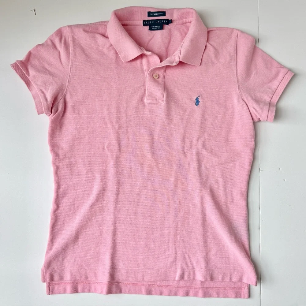 Polo Ralph Lauren Pink Skinny Fit Polo Shirt L Blue Pony Cotton - Picture 2 of 4